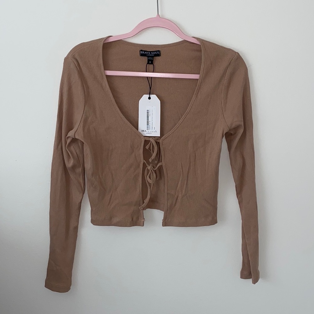 NWT Nasty Gal Ribbed Jersey Tie Front Long Sleeve Crop Top